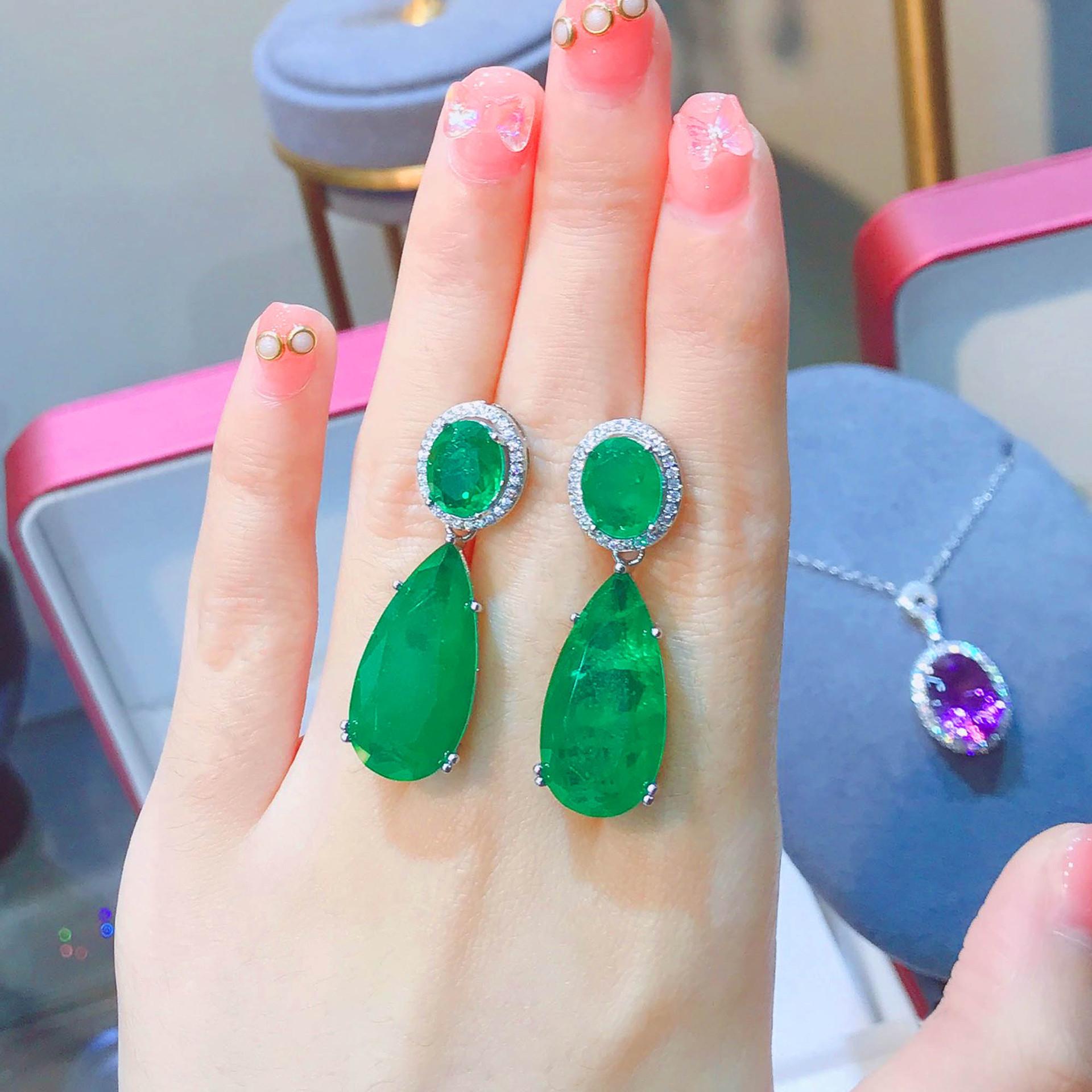 Tiktok Internet Celebrity Retro Big Drop Earrings Simulation Emerald Earrings Blue Paraiba Earrings