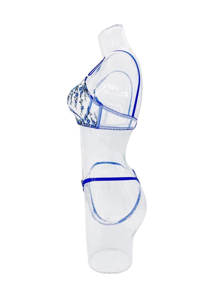 Floral Embroidered See-Through Lingerie Set with Sexy Gathering Bra for Women