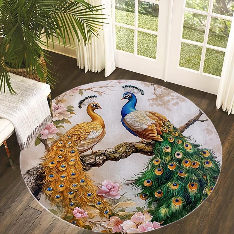 Flannel Printed Round Rug Peacock And Flower Design Elegant Asian Art Home Decor Soft Floor Mat For Living Room Bedroom