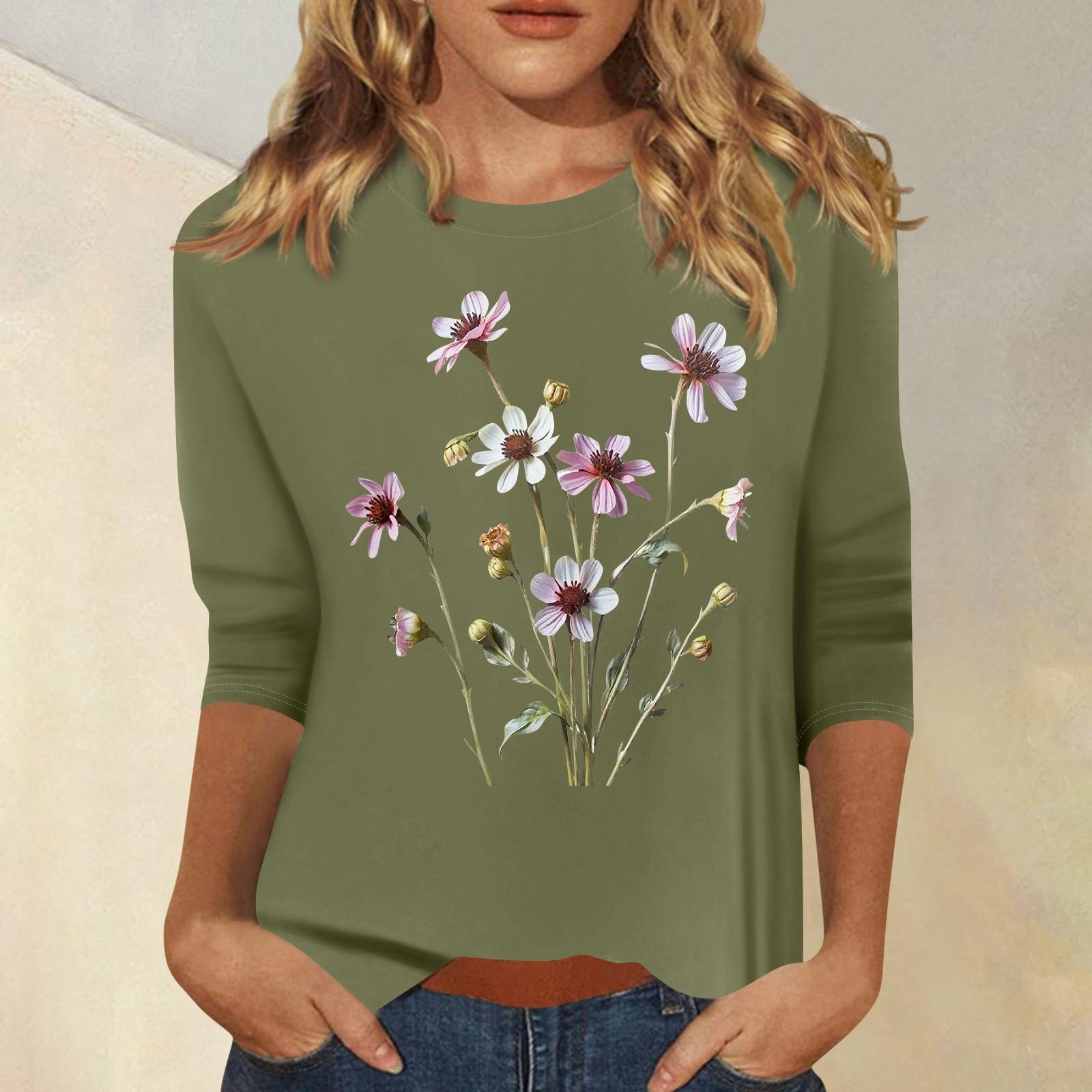 Women s Fashion Casual  Printed Seven Sleeve Round Neck Top L