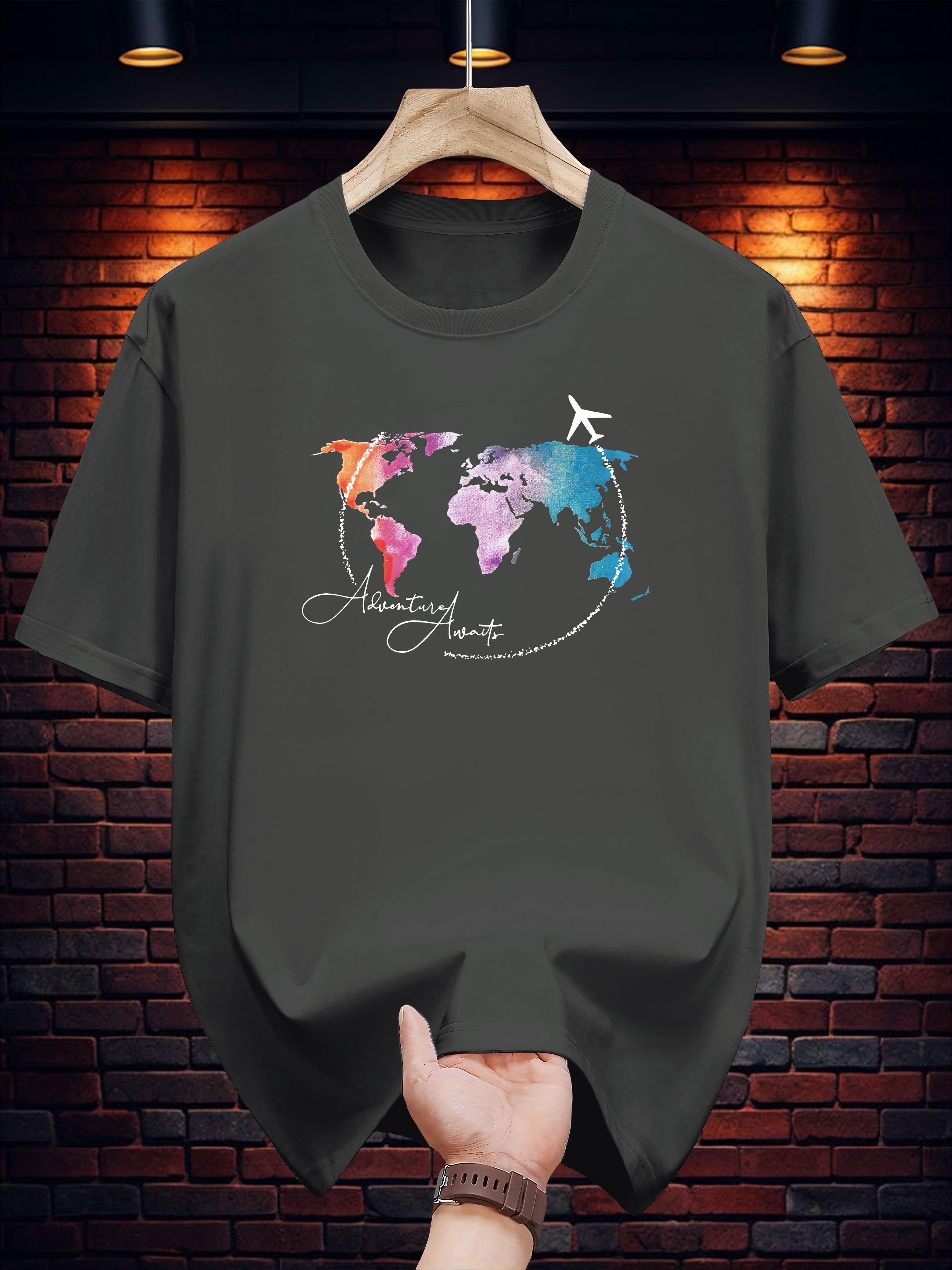 T-shirt - Navy Blue Travel-Themed Graphic Print with Airplanes & Adventure Awaits Design S