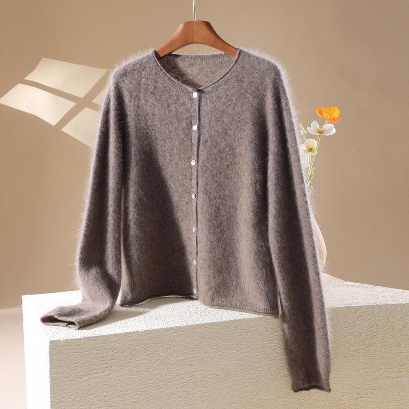 2026 Autumn/Winter Women's Long Sleeve Cashmere Wool Cardigan - Round Neck, Rolled Edge, Solid Color Flocked Sweater