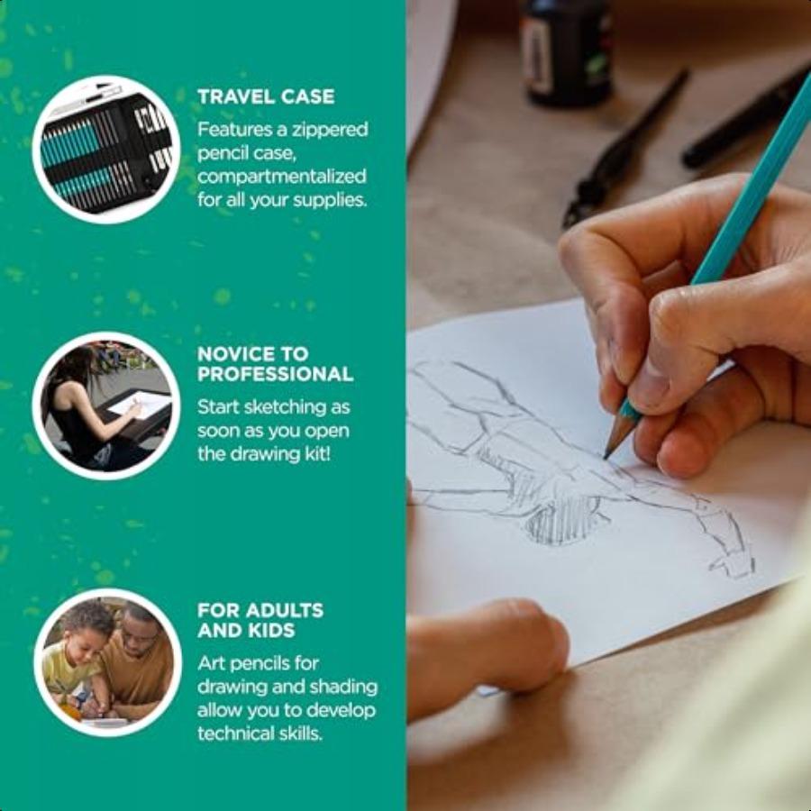 XL Drawing Set Sketching Graphite and Charcoal Pencils. Includes 100 Page Drawing Pad Kneaded Eraser Blending Stump. Art Kit an