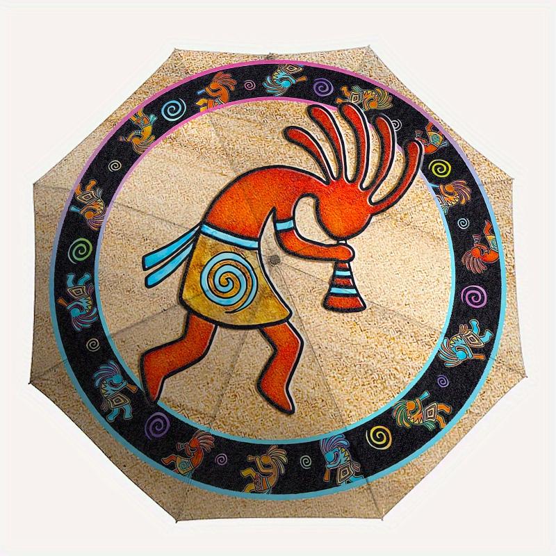Kokopelli, Southwest Automatic Folding Umbrella  8 Ribs, Durable Iron Frame, Bright Color Pattern Compact Travel Umbrella, Suitable for Outd