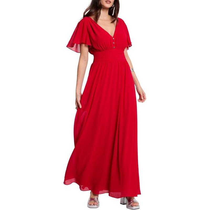 European and American ruffle leaf edge short-sleeved high-waisted thin dress for women 2026 summer new temperament V-neck skirt for women S красный