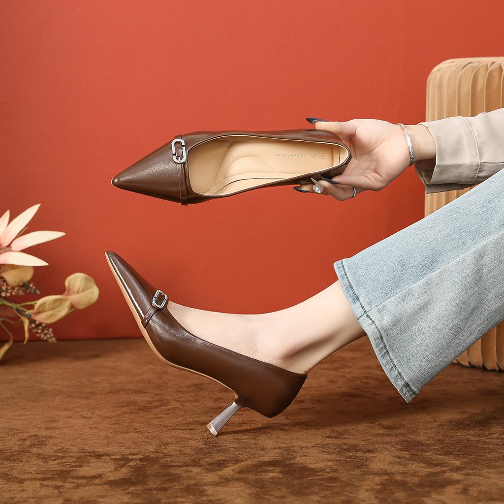 Spring rhinestone buckle one pedal super soft single shoes shallow mouth women, new white women pointed high heels are not tired
