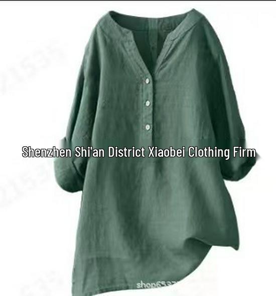 Europäisches und amerikanisches Damen-Top aus Baumwolle und Leinen, locker geschnitten, einfarbig, Modell 2021