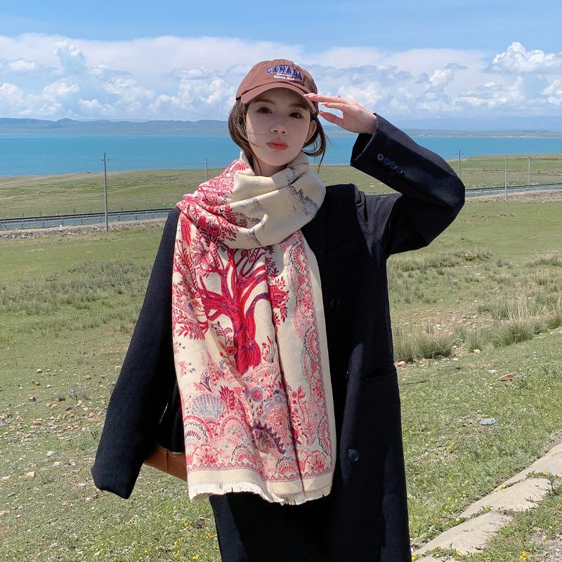Retro Ethnic Style Scarf Cloak Tibet Xinjiang Travel Autumn and Winter Warm Shawl Thickened Scarf Women's Versatile Outer Wear