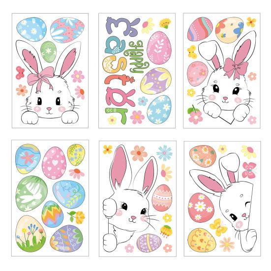 

6 Аркушів Великодній Заєць Наклейка на Вікно Знімна Водонепроникна ПВХ Квітка Барвисте Яйце Заєць Статична Наклейка на Скло Весняне Великоднє Свято Декорація Наклейка A