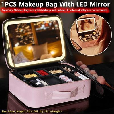 1PC Portable PU Leather Travel Cosmetic Storage Bag LED Mirror Makeup Bag