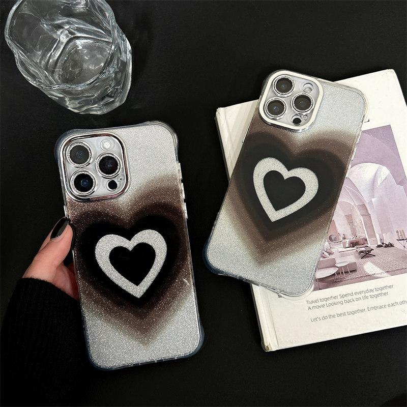 Stilvoller schwarzer Farbverlauf Liebesherz Glitzer mit Kameraglasfolie Handyhülle für iPhone 16 15 14 13 12 11 Pro Max Plus