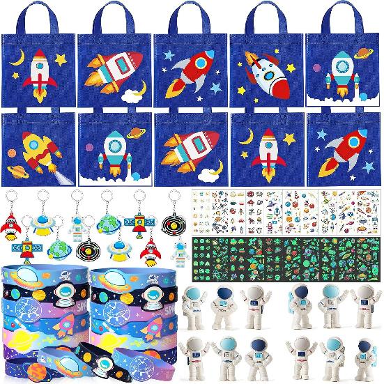 Космическая Вечеринка Подарки на День Рождения, Неwovenная Подарочная Сумка Космической Тематики, Ластик-Астронавт, Силиконовый Браслет, Брелок, Светящиеся Наклейки-Татуировки