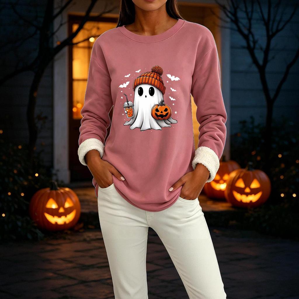 Women's Lined Long Sleeve Neck Halloween Print Top