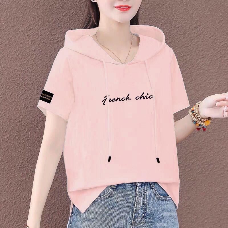 Ladies' Ethnic Style Short Sleeve Hooded Cotton Sweatshirt - Casual and Versatile Summer Top