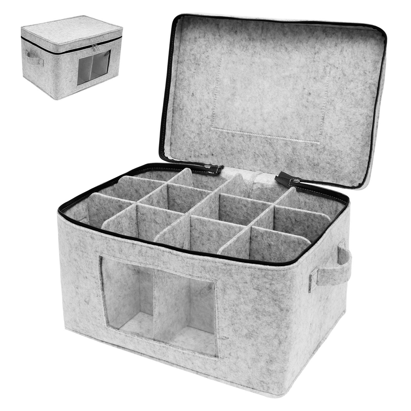 

Collapsible Wine Glass Storage Case, 12-Slot Felt Glassware Moving Box with Handle, Stackable Dustproof Cup Organizer Case серый