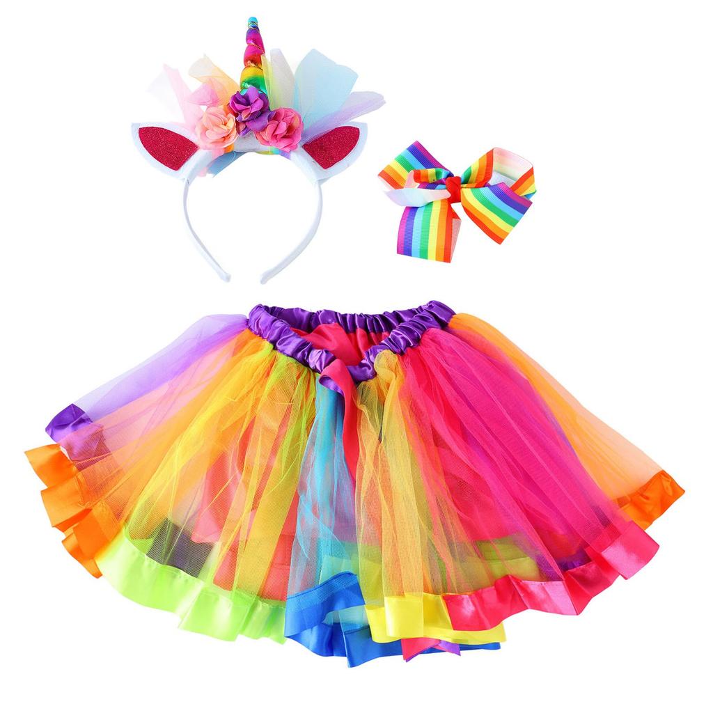 Children Colorful Skirt Cute Cartoon Costume Set Girl Ballet Skirt with Hair Clip Headband Colorful Free Size