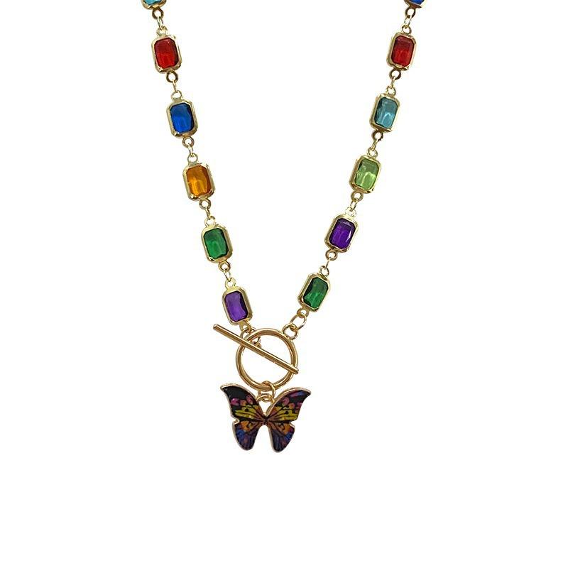 Fashion Retro Beaded Butterfly Y2K Rainbow Crystal Pendant Chain Choker Necklace For Women Bohemia Charm Jewelry Accessories