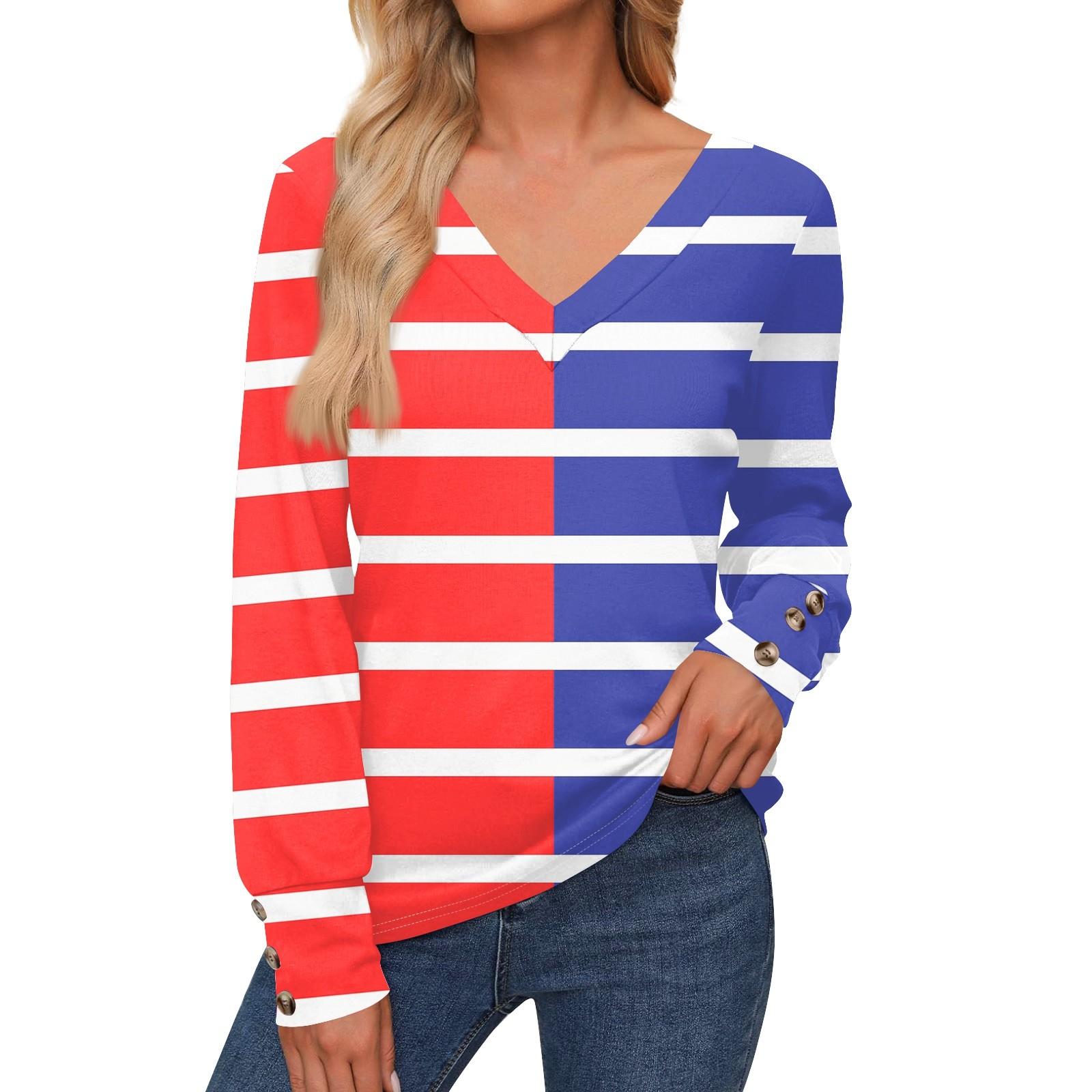 

Женская повседневная модная полосатая рубашка с длинными рукавами и манжетами на пуговицах с V-образным вырезом, свободная футболка, осенняя одежда L