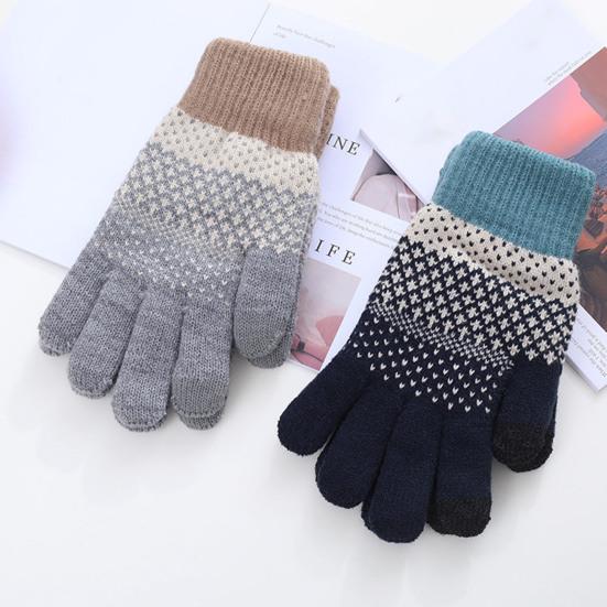 1 Pair Thickened Warm Full Fingers Touch Screen Ribbed Cuffs Women Gloves Winter Striped Splicing Double Layer Fleece Lining Knitting Gloves for Cold