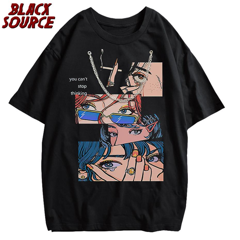 

Tshirt for Men Black Harajuku Hip Hop Casual Loose T Shirt Streetwear Japanese Anime Cartoon Print Retro yk Clothes Tops S