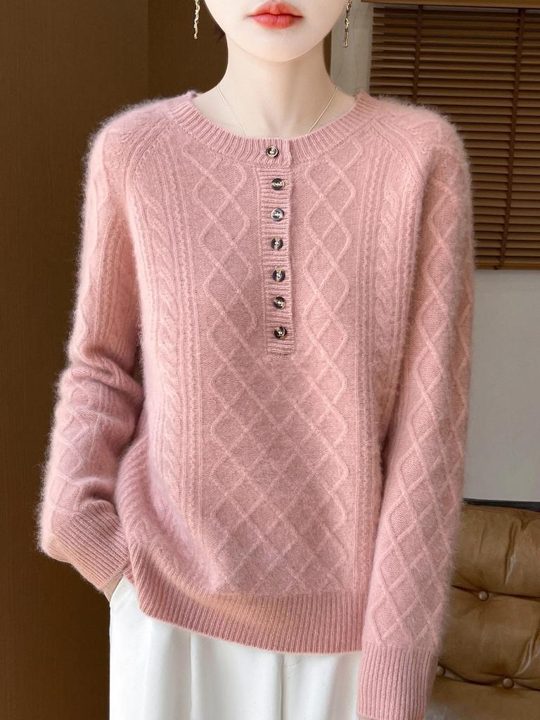 2025 Autumn/Winter Wool Knit Diamond Cable Base Layer Top - Cashmere, Thick & Soft