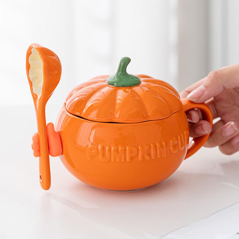 Adorable Pumpkin Ceramic Mug Set with Lid & Spoon for Students
