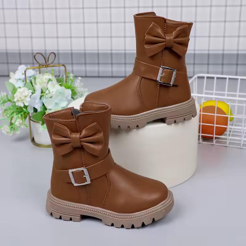 Autumn and Winter Girls Boots Bow Kids Buckle Cool Solid Color Toddler Girls Shoes Children Casual Boots Versatile Martin Boots