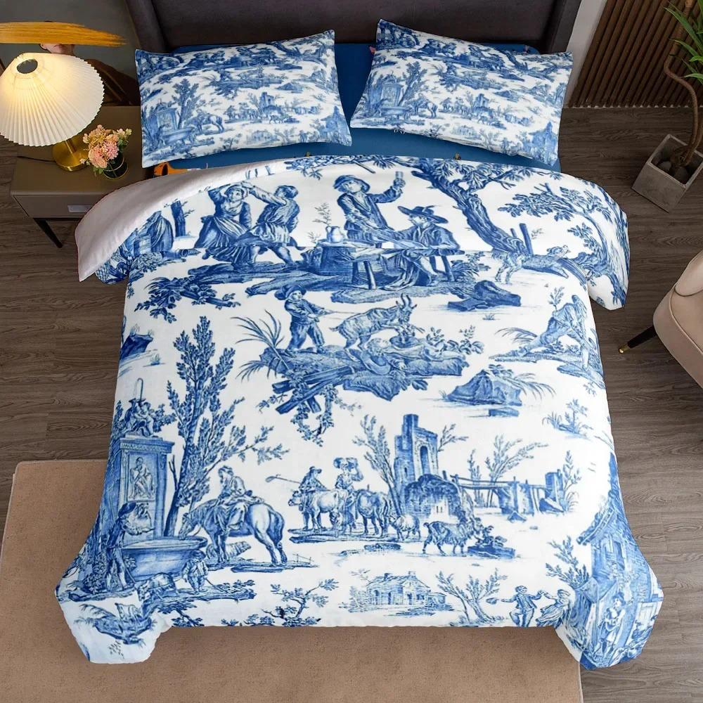 French Rural Toile De Jouy Art Duvet Cover Set Uk Single Double Queen Us Twin Full King Size Among Bed Linen Set