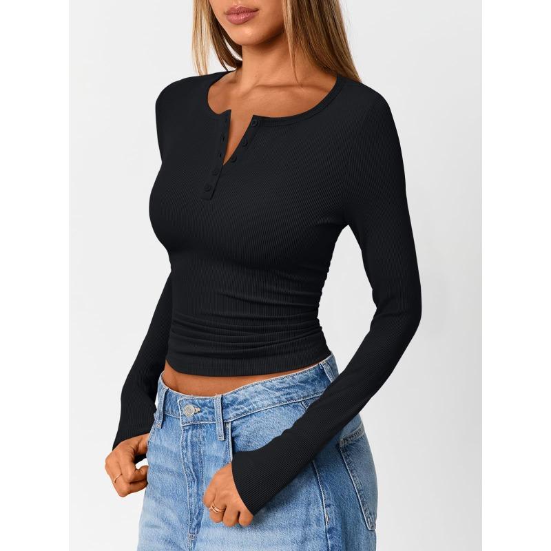 Damen Langarm Schlank Passend Uni Gerippt Gestrickt Geknöpft Basis Schicht T-Shirt
