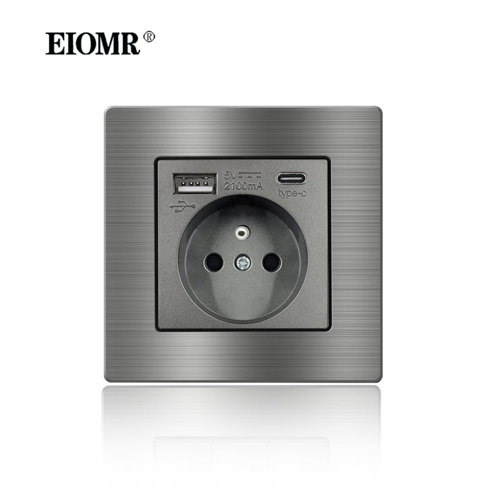 EIOMR France Standard Electrical Socket Grey Aluminum Alloy Panel Light Switch Rj45 Tv 220V 16A Wall Outlets for Home Appliance