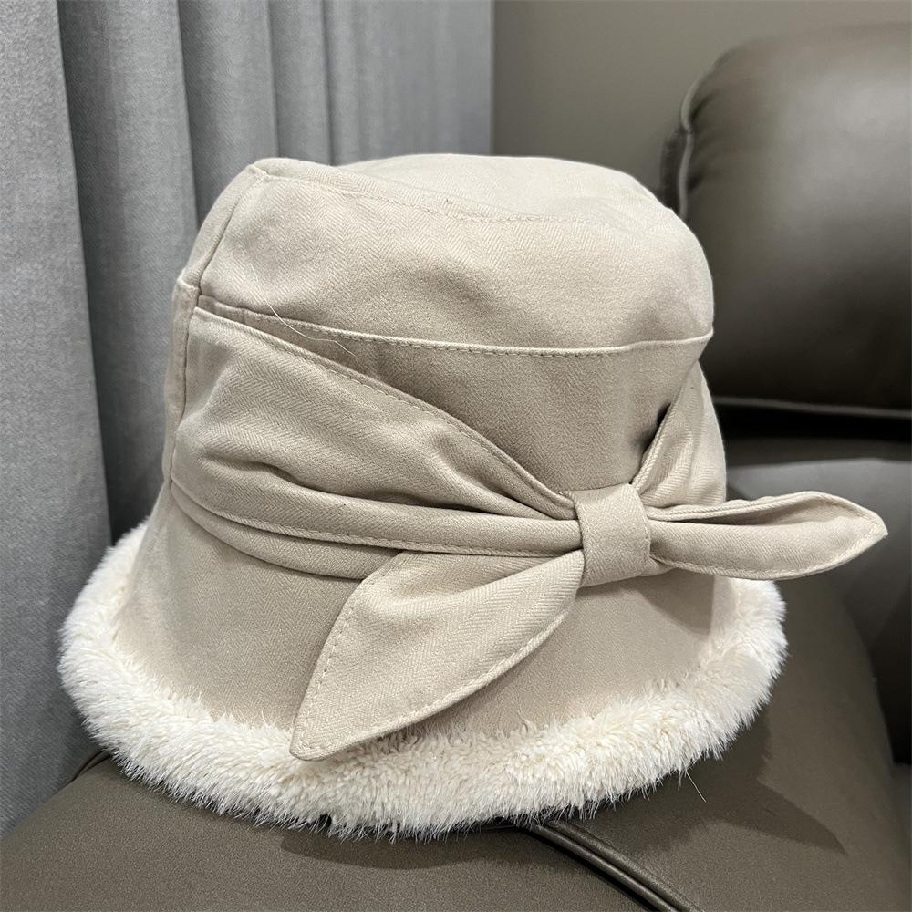Bucket Hat Women's Autumn and Winter Versatile Casual Playful Bow Cute Basin Hat Thin Rough Edge Thermal Hat