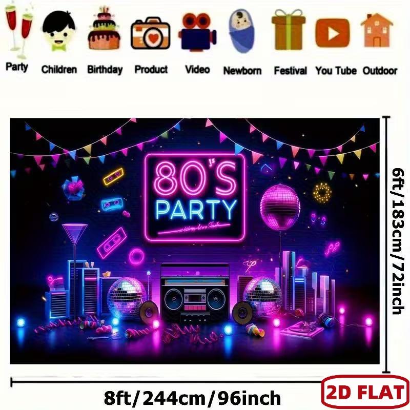 Lebendiges 80er Jahre Retro Party Wandteppich, Boombox & Discokugel Wandbehang für 1980er Jahre Mottopartys
