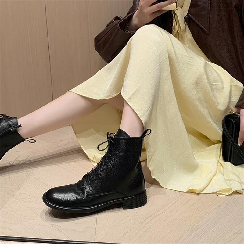 Moda 2025 Nuevas Botas de Mujer Otoño/Invierno Punta Redonda Tacón Grueso Moda Botines Cortos de Piel Genuina para Mujer Hechos a Mano Retro Tacones Bajos