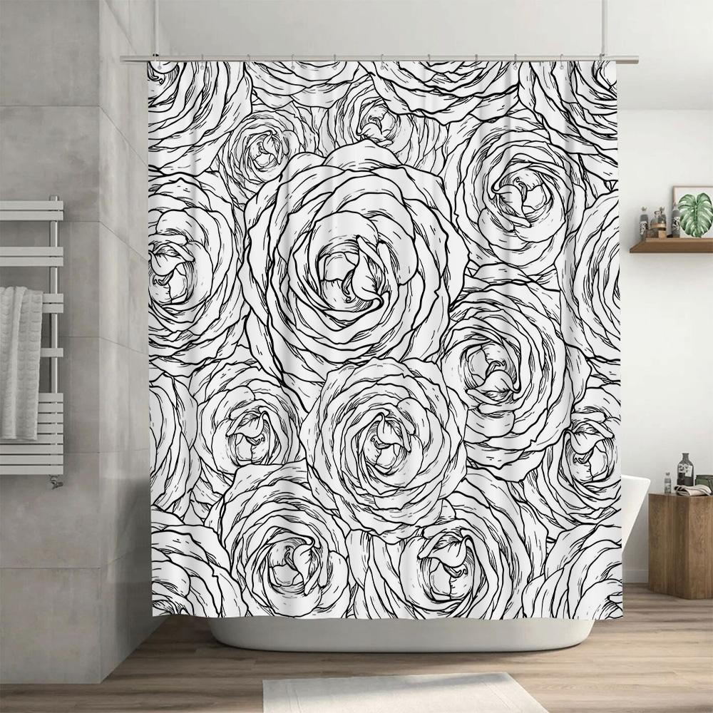 Black White Rose Shower Curtain Bathroom Decor Vintage Flower Waterproof Linen Fabric Home Decoration Printing for Bathrooms