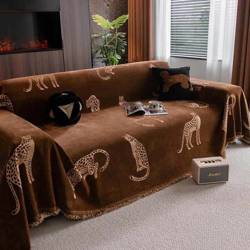 Capa de Sofá Jacquard Chenille Leopardo com Franjas, Design de Almofada T, Capa de Proteção Reversível Luxuosa para Poltrona a Sofá Seccional