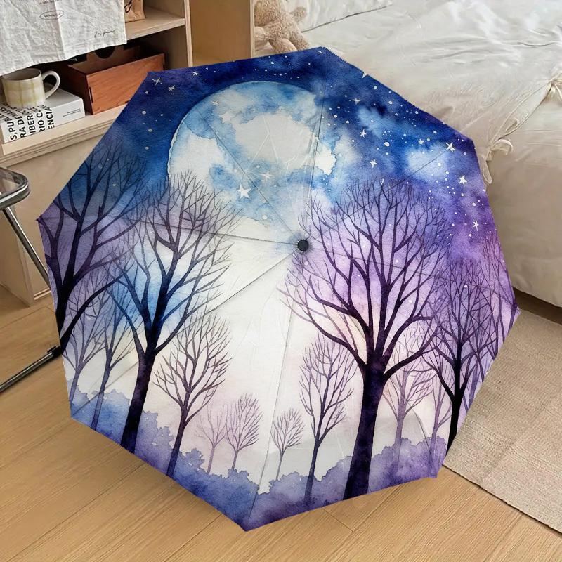 1pc Moonlit Forest Automatic Folding Umbrella, Heavy Duty 8 Rib Iron Frame, Suitable for Travel, Daily Use, Birthday, Decor Gift 39