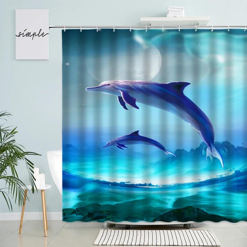 Funny Dolphin Shower Curtains Sunset Ocean Animals Tropical Fish Coral Children Bathroom Decor Polyester Bath Curtain with Hooks
