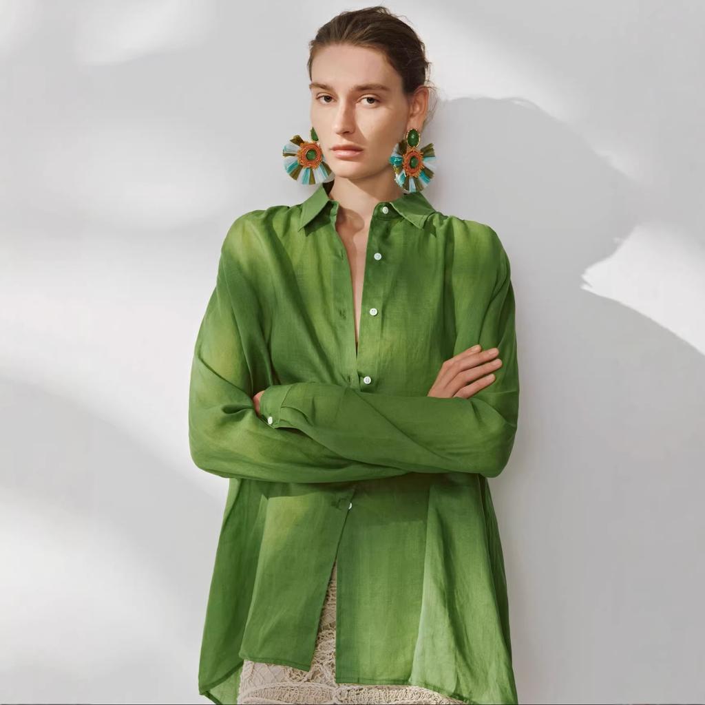 Spring new women's casual contrasting color button ultra-loose long-sleeved cardigan shirt UWH