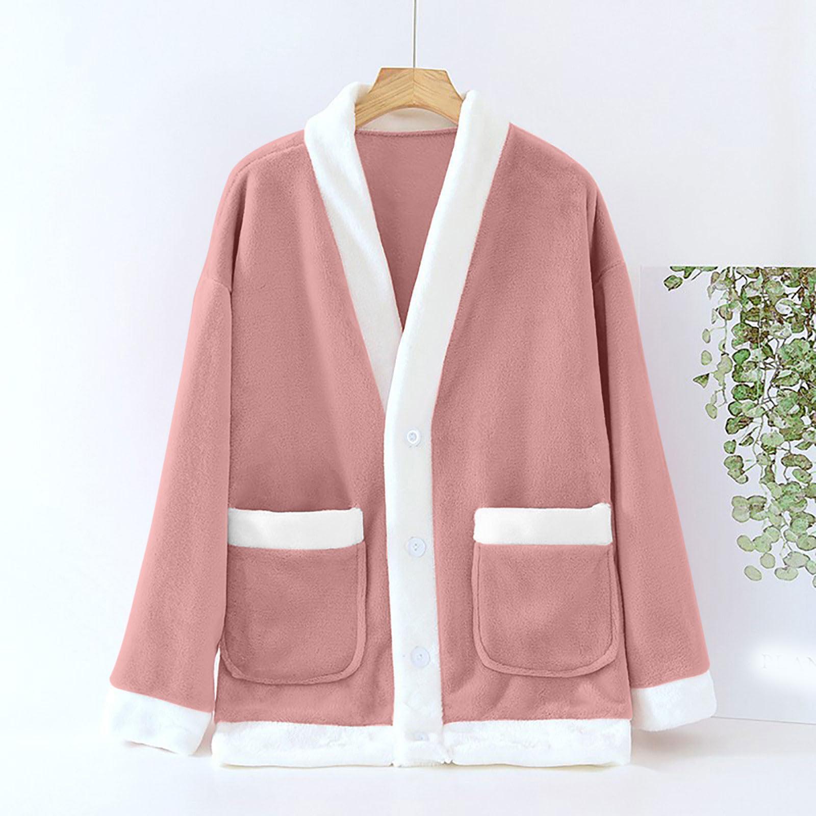 

Женский повседневный и удобный кардиган с V-образным вырезом, теплая и плюшевая домашняя одежда, пижамная куртка XL розовый