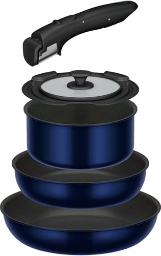 

Thermos Durable Series 5-Piece Removable Handle Frying Pan Set (EA), Gas Compatible, Deep Blue, Frying Pan and Pot are Dishwasher Safe (KSE-5A DPBL)