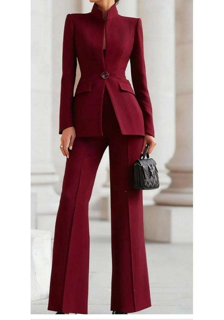 2026 Women's European & American Long Sleeve Solid Color Blazer & Pants Two-Piece Set with Pocket