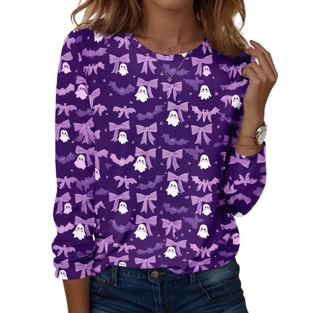 Women's Casual Long Sleeve Halloween Print Pullover Top Crew Neck Lightweight Sweatshirt for Fall and Everyday Wear