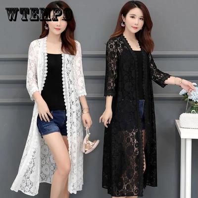 Lace Cardigan Mid-length Summer Mesh Shawl with Loose Over-the-knee Sun Protection Clothing Women's Jacket Shirt
