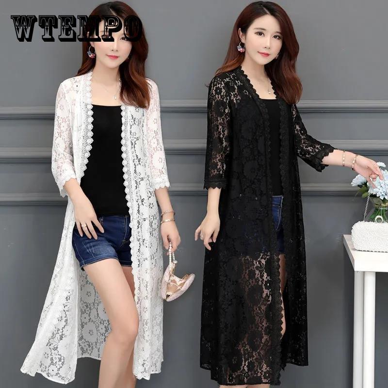 Spitzen-Cardigan, mittellanger Sommer-Mesh-Schal mit lockerer Sonnenschutzkleidung über dem Knie, Damen-Jackenhemd