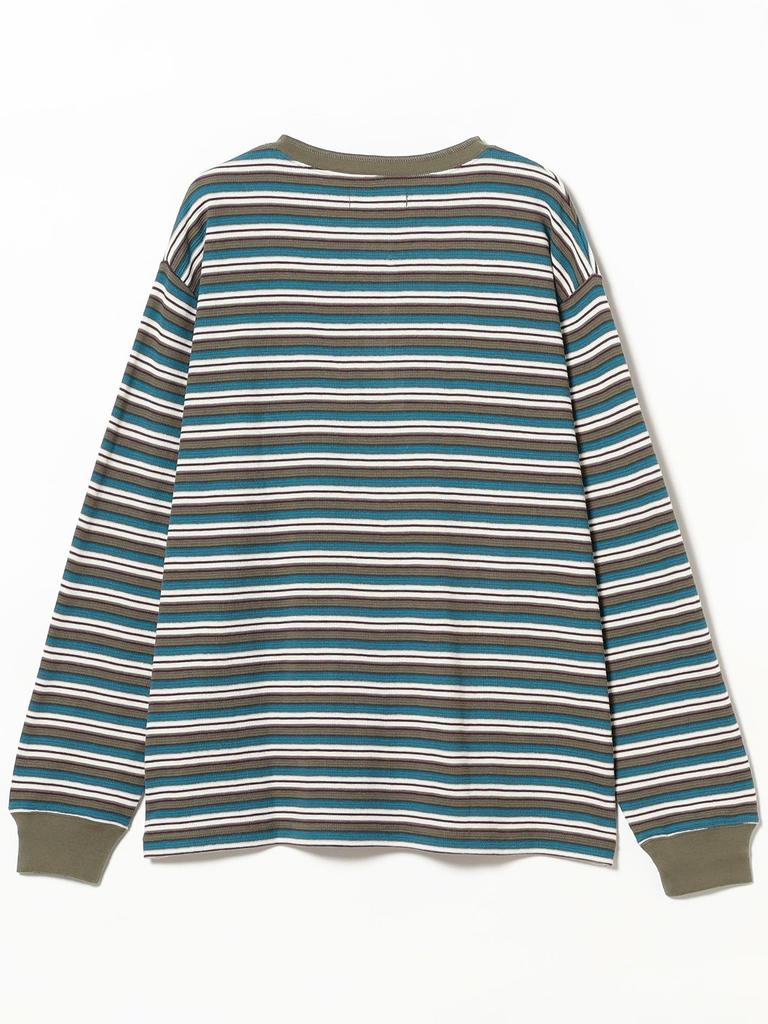 B:MING LIFE STORE by BEAMS Men's Long Sleeve T-Shirt with Waffle Stripes and Henley Neck, Navy, Size L