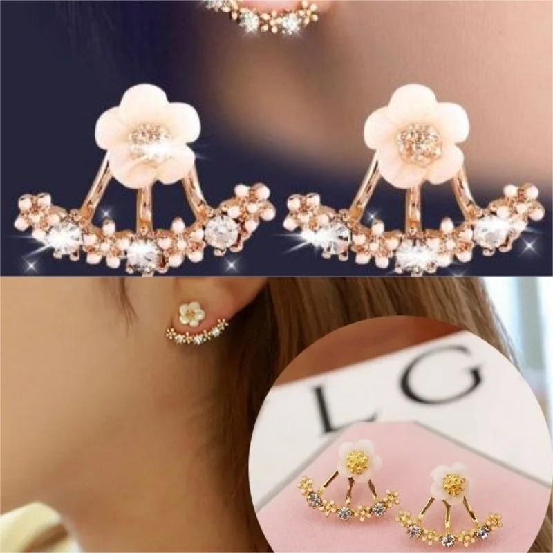 Women's Flower Earrings Zircon Ear Jacket Korean Style Copper Ear Studs Earrings Orecchini Jewelry Pendientes Aretes De Mujer