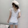 V Neck Elegant Glitter Sequin Women Blouse 2023 Summer Sexy Lace Gauze Patchwork Tops Short Sleeve Slim Black T-shirt 14652