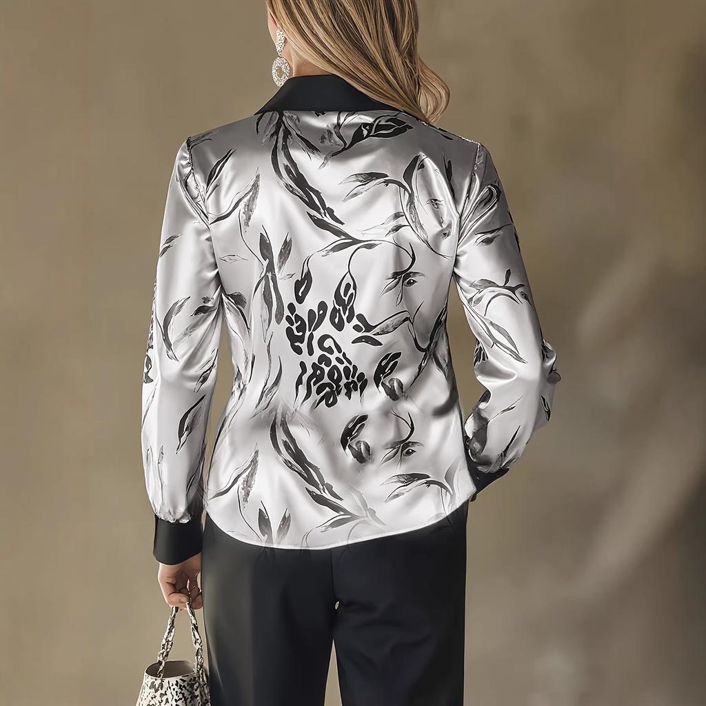 Leopard Print Blouse Womens Satin Long Sleeve Button Down Shirt Elegant V Neck Casual Tops for Work