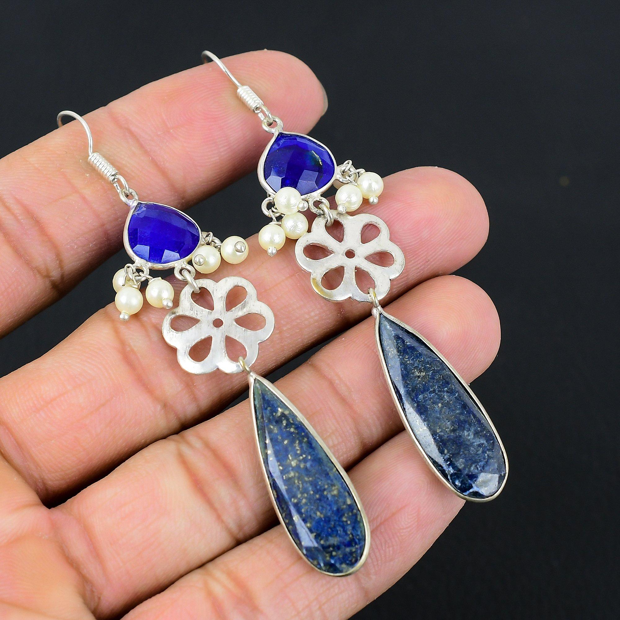 

925 Sterling Silver Lapis Lazuli Stone Handcrafted Drop Dangle Earrings Jewelry