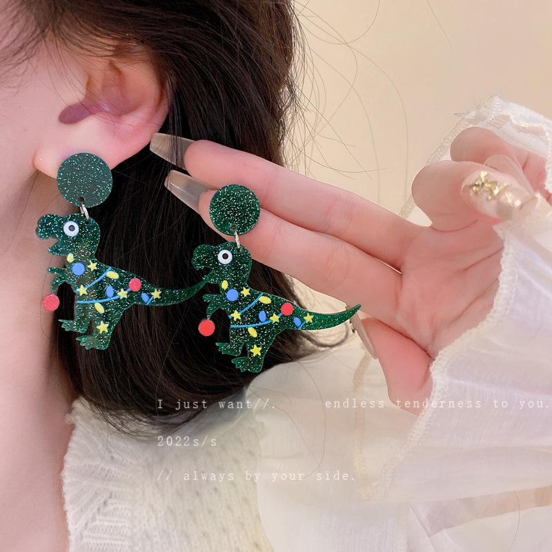 Silver Needle Dinosaur Christmas Hat Earrings - Cute, High-End, Versatile Design